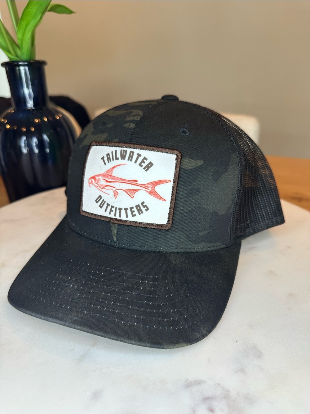 Tailwater Outfitters Classic Black Camo Mesh-Back Hat with Orange Fish Patch